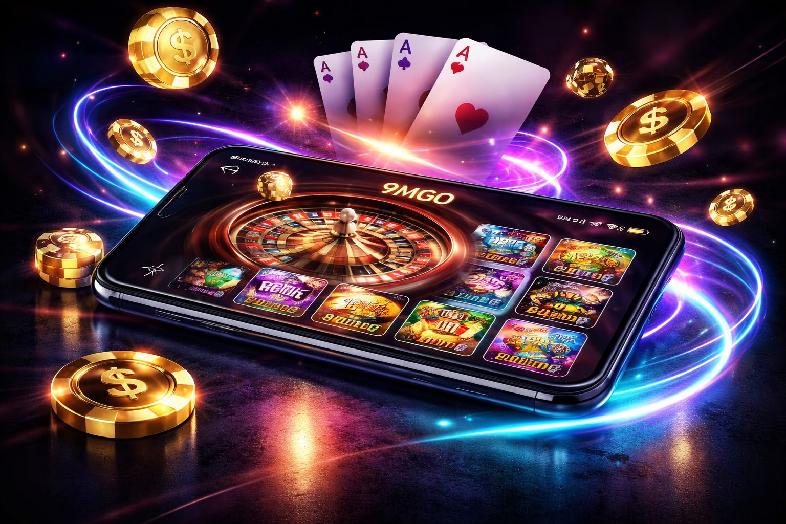 Close-up of an Android smartphone displaying the 9MGO app with live roulette and popular slot thumbnails on a vibrant casino-themed background