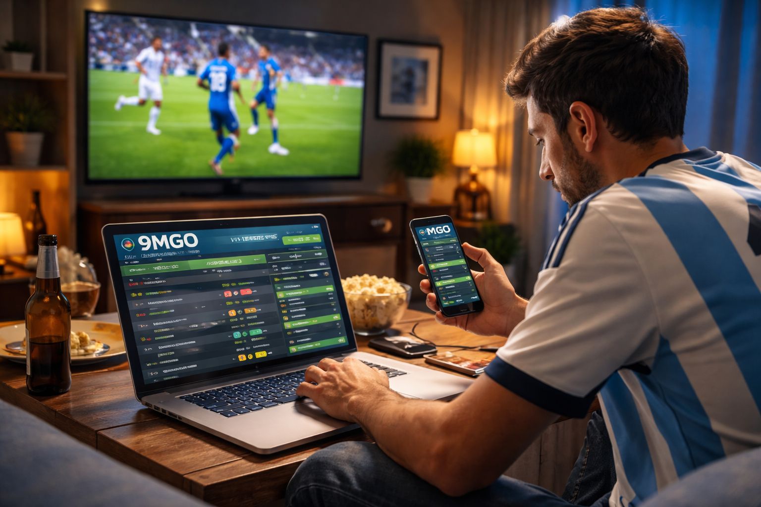 A focused young Argentine sports fan analyzing real-time match statistics on a smartphone displaying the 9MGO live betting dashboard with dynamic odds.