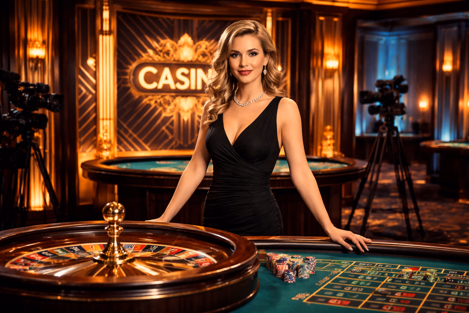 Una dealer profesional sonriente distribuyendo cartas en una mesa de blackjack en vivo de 9MGO Casino con iluminación elegante y ambiente premium.