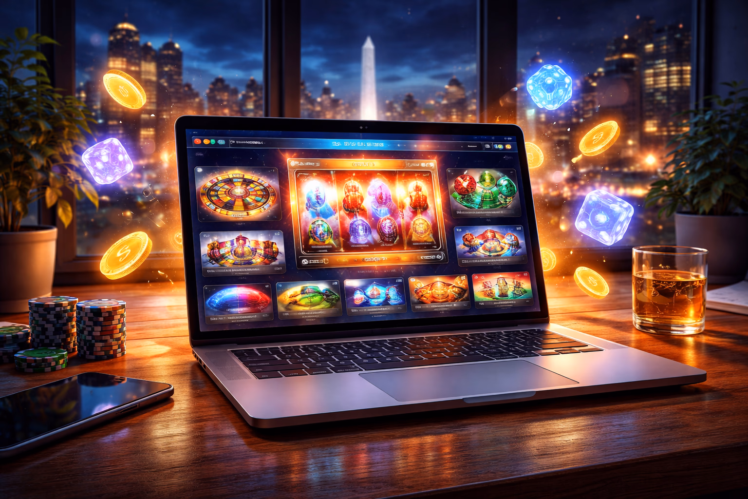 Sleek digital dashboard displaying the 9MGO games catalogue with vibrant slot thumbnails and category filters