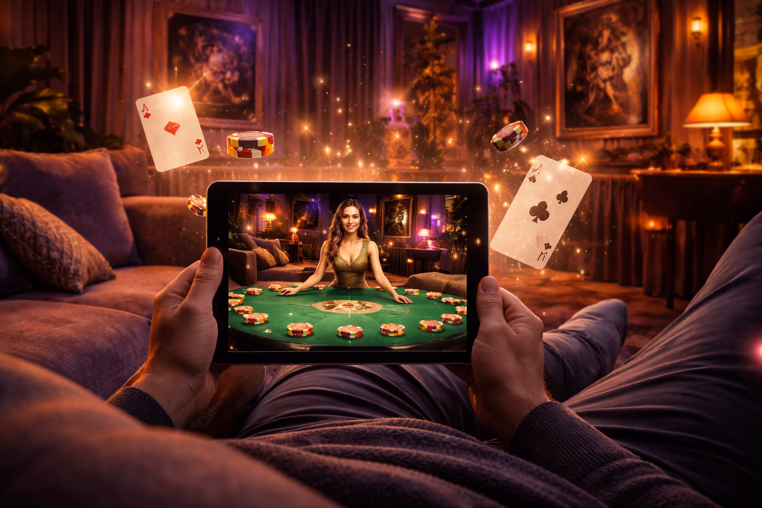 Focused player engaging with the 9MGO platform on a modern device surrounded by ambient neon casino lighting